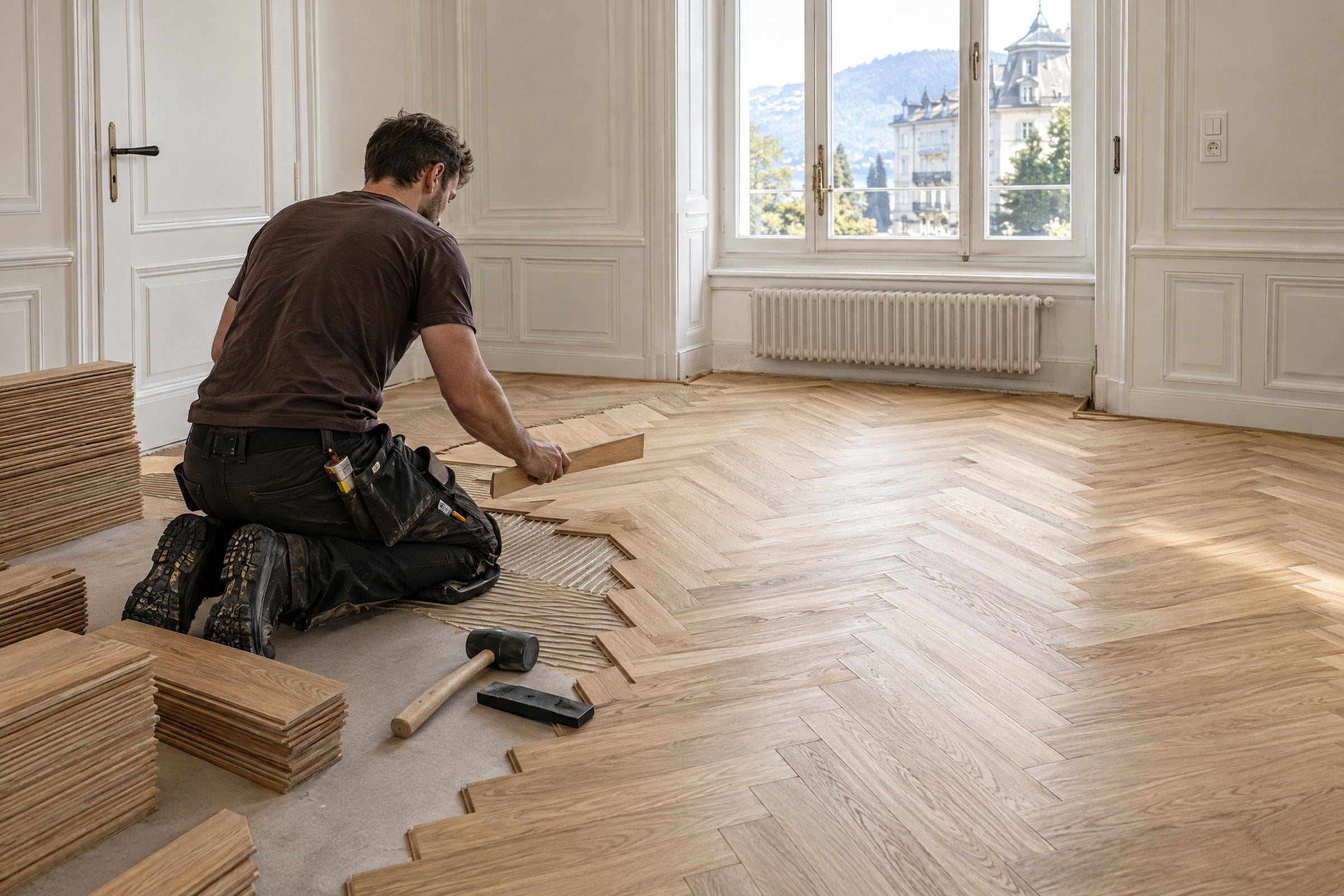 Parkettleger von Parkett Vision verlegt Eichen-Fischgratparkett in einer Altbauwohnung