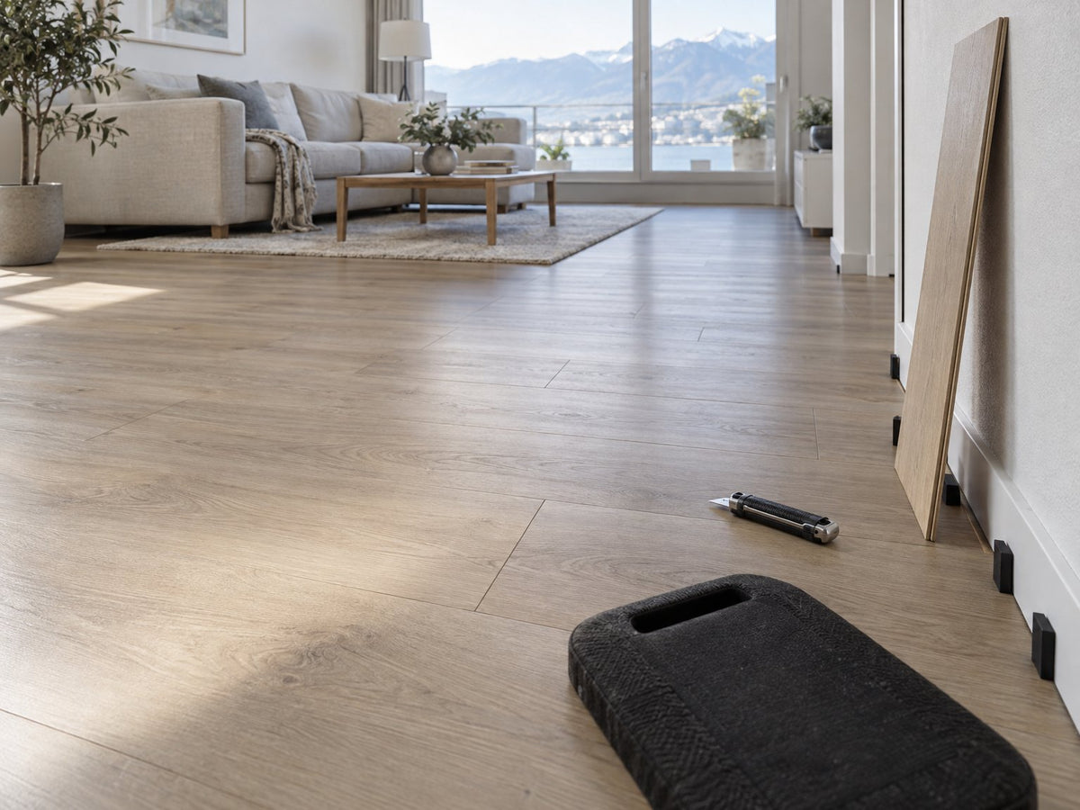 Neu verlegter Vinylboden in Eichenoptik in einer Wohnung mit Seesicht