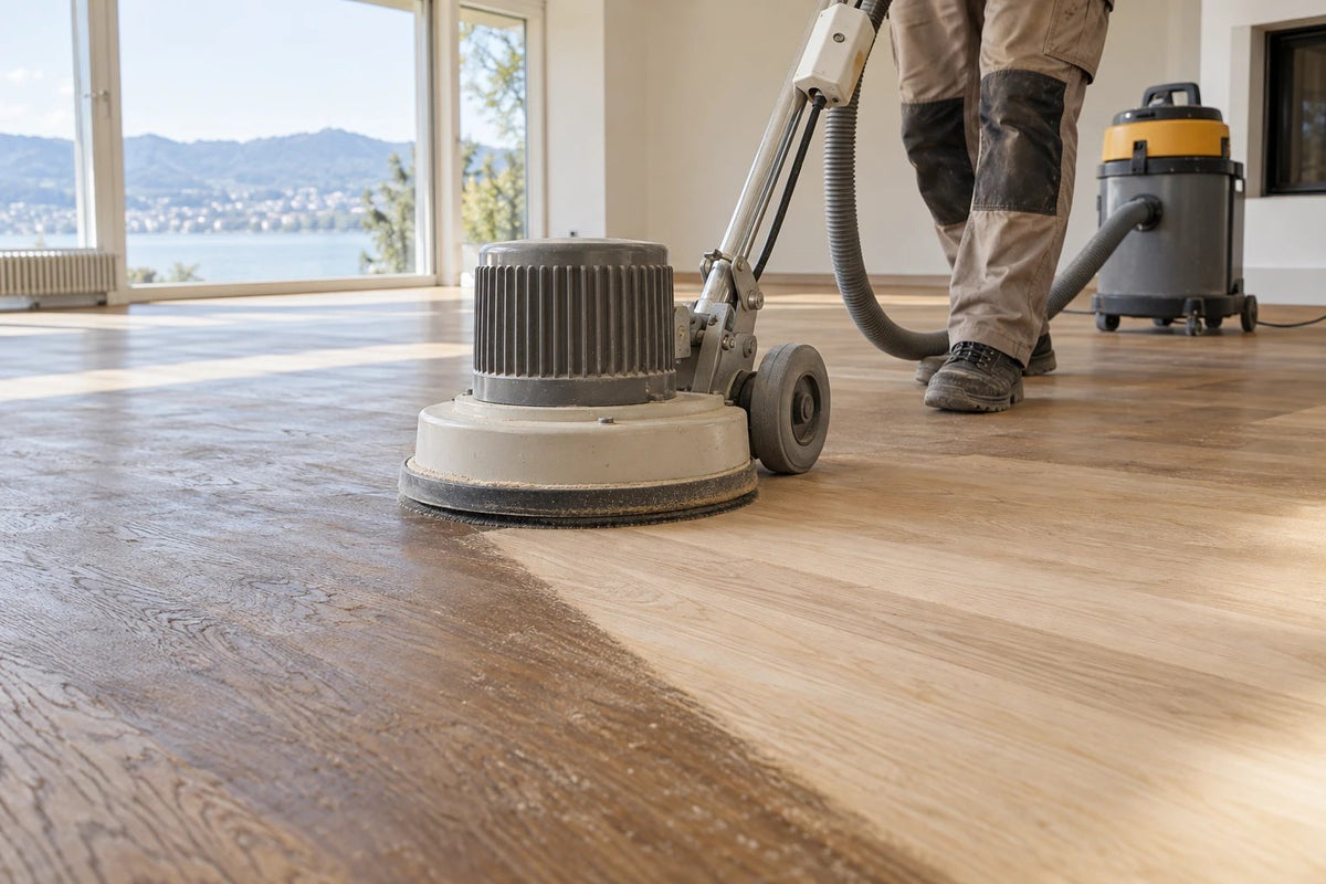Parkett schleifen mit der Einscheibenmaschine in einer hellen Wohnung mit Seesicht