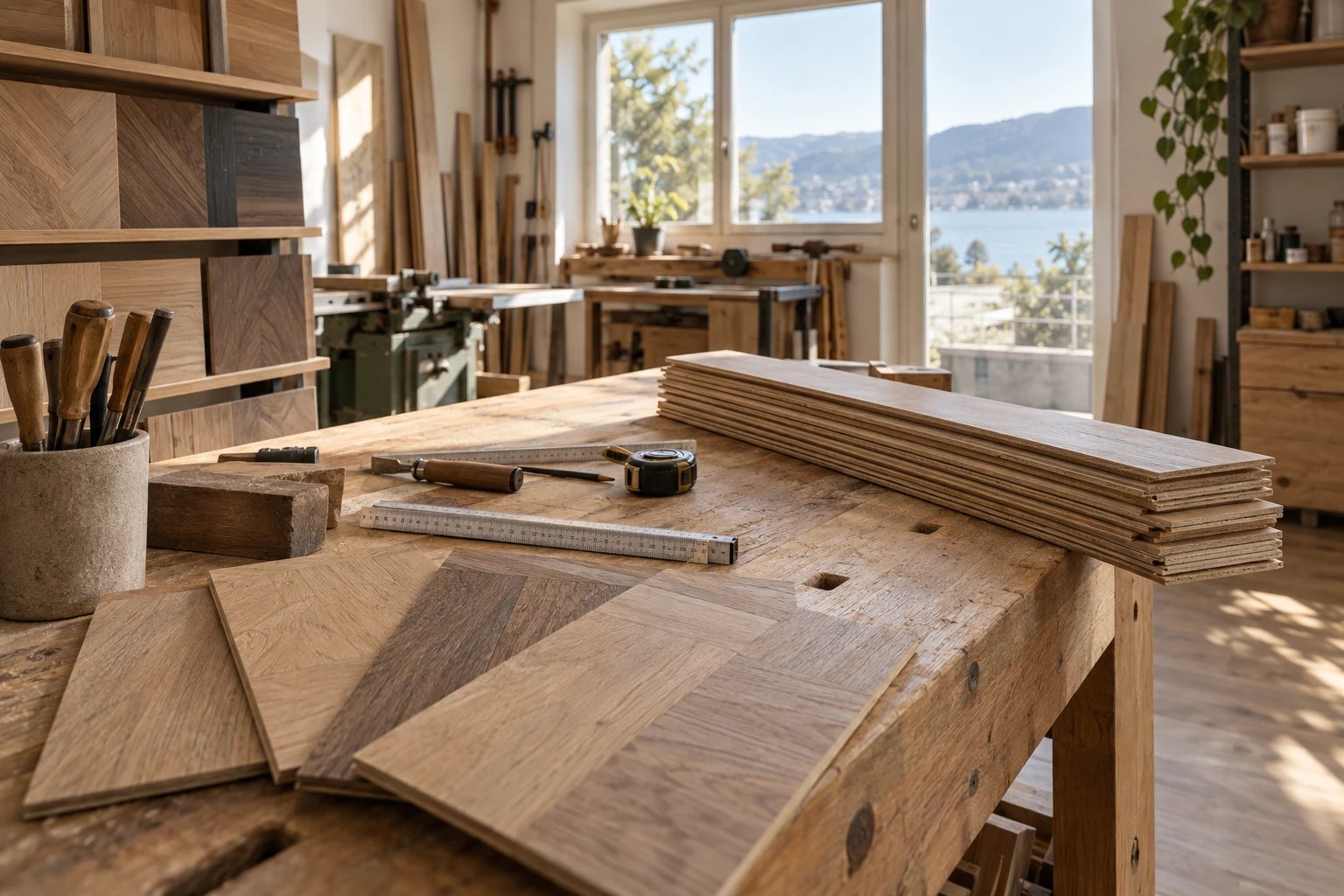 Werkbank mit Eichen-Fischgratstäben und Werkzeug in der Werkstatt von Parkett Vision